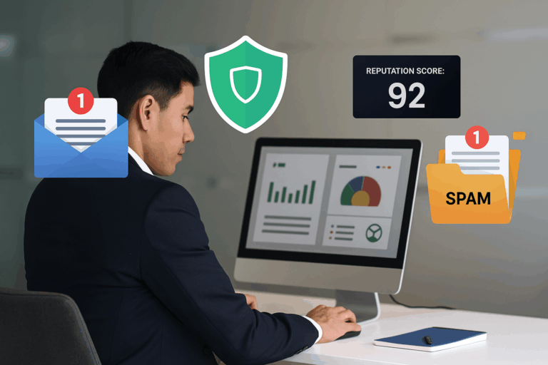 Professional man at desk viewing email analytics with spam, inbox, and security icons around him.