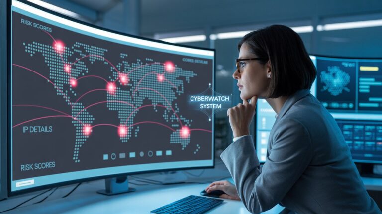 Cybersecurity analyst monitoring global IP activity to detect online fraud in real time.