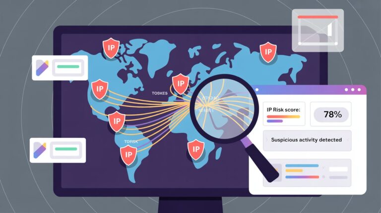 Illustration of a digital world map with IP addresses flagged for proxy and VPN usage, showing cybersecurity analysis tools and risk detection interface.