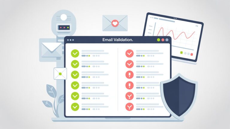 Email verification dashboard with checkmarks and warning icons.