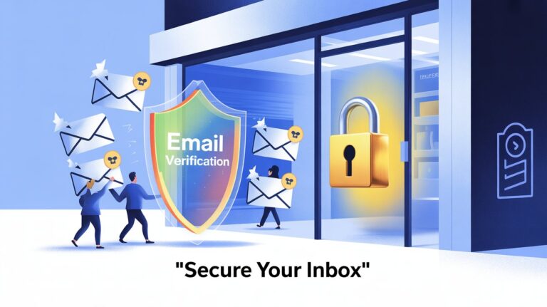 Illustration of a shield labeled "Email Verification" blocking fake emails with skull icons from entering a store with a large padlock on the door.